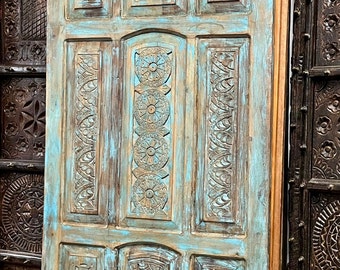 Hand-Carved Barn Door, Vintage Paneled, Rustic Sliding Barndoor, Custom Wooden interior Doors, Country, Farmhouse, Teal Bedroom Door, 96X36