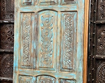 Hand-Carved Barn Door, Vintage Paneled, Rustic Sliding Barndoor, Custom Wooden interior Doors, Country, Farmhouse, Teal Bedroom Door, 96X36