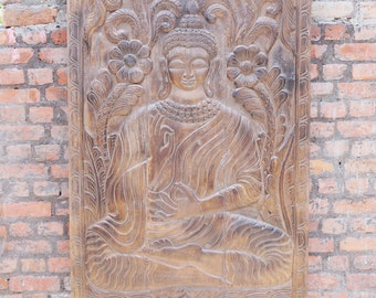 Vintage Hand Carved Buddha Wall Hanging, Vitarka Mudra Buddha Wall Art, Barn Door Buddha Sculpture for Yoga Room