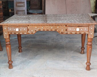PRE ORDER Antique Office Desk Table, Carved Table, Bone Inlay Accent Table, Rustic Farmhouse, Unique Eclectic Decor