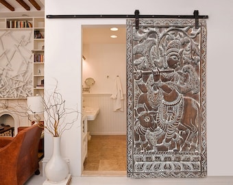 Vintage Wall Sculpture, Krishna Wall Art, Carved Fluting Krishna with Cow, Barndoor, Artistic Unique Eclectic Custom Barn Door