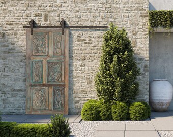 Artistic Carved Sliding Barn Door, Carved Blue Doors, Interior Door, Vintage Organic Door, Barndoor, Custom, Studio, Bedroom Doors, 80x36