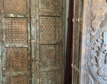 Antique Door Panels, Architecture Design Door, Hidden Paths Maze Carved Doors, Indian Doors, Blue Brown Wood Tone,  80