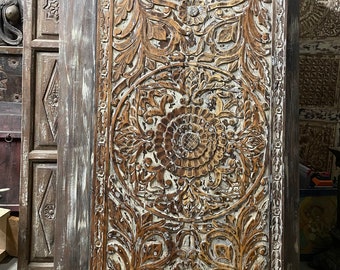 Whitewash Carved Lotus Medallion Door, Holistic Wall Art, Sliding Barn Door, Lotus Wall Art, Indian Carved Bleached Doors, Unique, 80X36