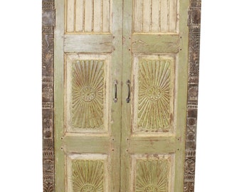 Antique Rustic Vintage India Storage Cabinet, Sage Green Armoire, Sunrays Carved Chakra Cabinet, Reclaimed Wood Armoire 75x39