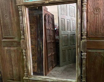 Vintage Indian Jharokha Mirror, Wall Mirror, Rustic Reclaimed Wood hand Carved with tiles