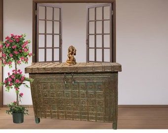 Antique Indian Chest, Iron Cladded Tribal Trunk, Completely Handmade Storage Buffet, Distressed Blue Dowry Chest, Blanket Box