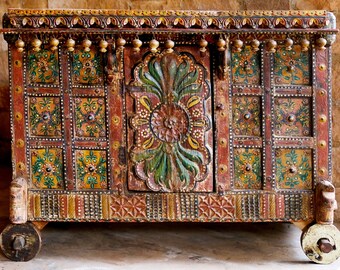 Antique Indian Damchiya, Bridal Trunk, Rustic Box, Indian Storage Box, Red Tribal Painted Console, Original Authentic Jaipur Sideboard