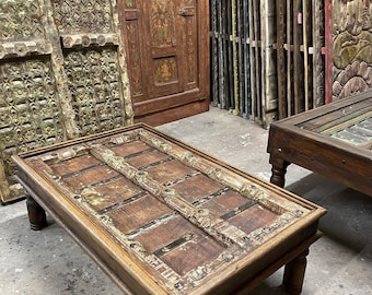 Antique Rustic Table, Handcarved Brown Reclaimed Wood Accent Table, Indian Door Coffee Table, Chai Table, Unique Eclectic Decor