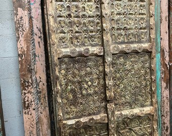 Rustic Indian Teak Door Panels, 2 Hand-Carved Doors, Yellow Daisies Ochre Barn Door Panels Country Farmhouse Garden Doors 80