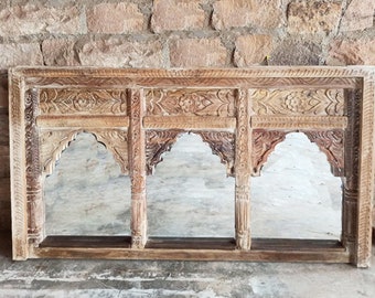 Triple Arch Mirror for Wall, Handcarved Wood Wall Mirror, Indian Jharokha Mirror, Distressed Rustic Mirror, Home Accents