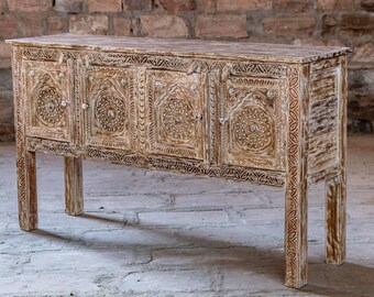 Whitewash Rustic Media Console Table With 4 Doors, TV Console Table, Reclaimed wood Indian Console Table, Long Kitchen Table, 60x34
