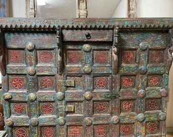 Antique Indian Trunk, Rustic Farmhouse Blue Carved Chest Manjoosh, Hope Chest, Bar Cart, Wine Chest On Wheels Unique Eclectic Decor