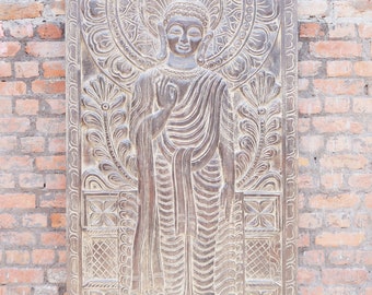 Vintage Shakyamuni Buddha Door Panel, Wall Art Hand Carved Wall Panels Standing Buddha Wall Art Relief Panel, Barn Door Sculpture 84X36