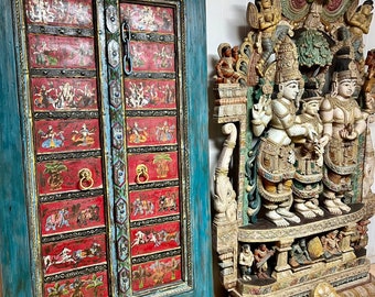 Resort Style Sliding Barn door, Antique Indian Painted Ganesha Door, Bold Teal Red Barndoor, Vintage Door, Art Studio Door, 88x42