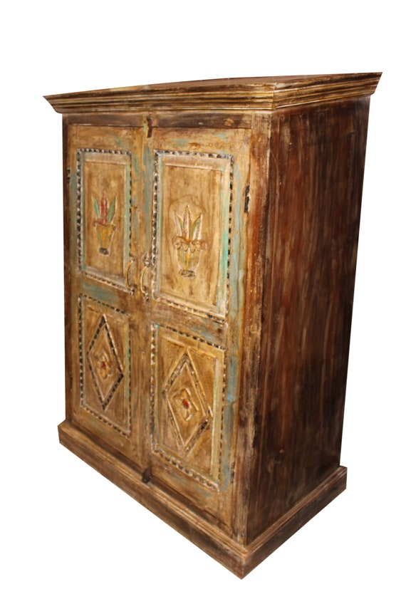 Rustic Cabinet Artisan Indo British Carved Lotus Chest Storage Etsy