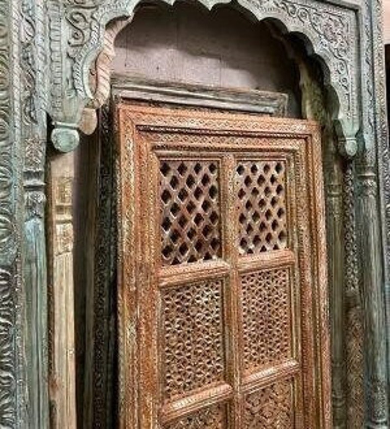 Ornate Vintage Jali Wall panel, Rustic Jharokha, Wall Decor, Indian Carved Accent Wall, Latticed Wood Carved Decor, Interior decor image 1