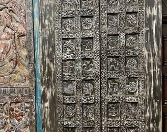 Antique Indian Doors, Sliding Barn Door, Dark Woods, Ornate Carved Tribal Chakra India Doors, teak carved Door, Eclectic Decor, 87