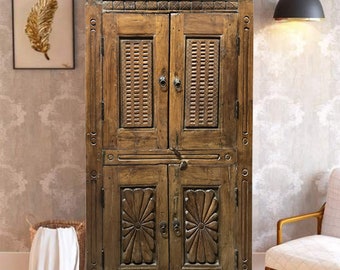 Antique Indian Carved Armoire, Chakra Carved, Rustic Natural Color Cabinet, Statement Armoire, Storage Cabinet, Eclectic Interior Cabinet