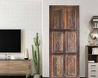 Carved Barn Door, Natural Wood Sliding Door, Custom, Interior Doors, Pocket Door, Floral Bedroom Doors, Unique Boho Reclaimed Wood Door, 84