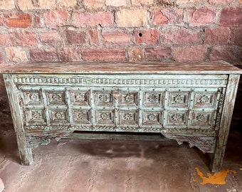 Rustic Console Table, Vintage Kothi Heritage Carved Blue Hues Mantle, Hall Table, Sofa Table, Media Console Table Stunning Statement Decor