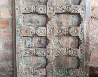 Mid Century Carved Wood Blue Distressed Door, Teak Doors for Home, Boho Rustic Vintage Unique Eclectic