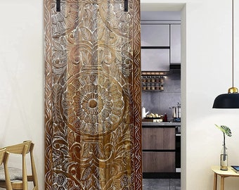Rustic Farmhouse Door, Hanging Doors, Carved Door, Thousand Petal Lotus Door, Whitewash Sliding Door, Unique Eclectic, 80x36