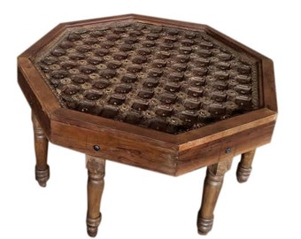 Vintage Brass Medallions Octagon Coffee Table Rustic Chai Table, Cocktail Table, Hand Carved Table BOHO Home Decor