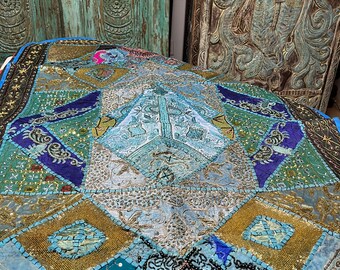 Indian Sari Tapestry, Wall Decor, Wall Hanging Tapestry, Boho Blue Vintage Sari, Hand Embroidered Table Throw, Bohemian Style Decor