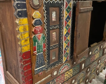 Vintage Indian "Damchiya" Dowry Chest, Hope Chest with Mirrors, Console Tribal Storage Carved Reclaimed Wood