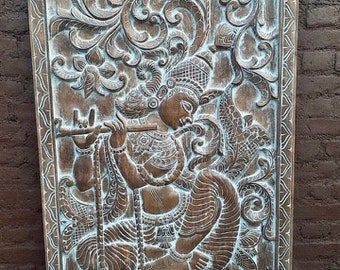 Vintage Wood Carving, Fluting KRISHNA on Lotus Art Panel, Wall Sculpture, Barn Door, Artistic Custom Door Panel