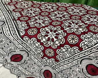 Cotton Picnic Throw, Indi Boho Throw, White Red Floral Paisley Bedspread, Block Printed Handloom Cotton Pillows Bed Cover BedSpread 100x90