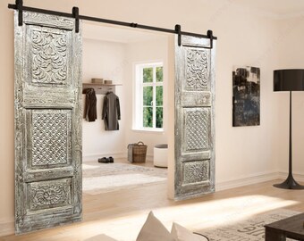 Pair Carved Barn Door, Vintage Whitewash Floral Carved, CUSTOM, Sliding Door, Hand Carved Door, Closet, Hinged Wooden Door 80x21