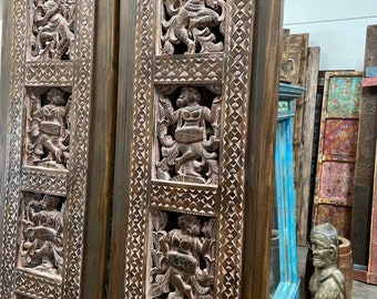 Pair Vintage Radha Krishna Sliding Barndoor, Carved Barn Door, Krishna Playing Flute, Indian Door, Yoga Unique Eclectic