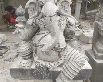 PRE ORDER-Natural Stone Ganesha Garden Statue Handcarved Gray Granite Stone Garden Temple Decor