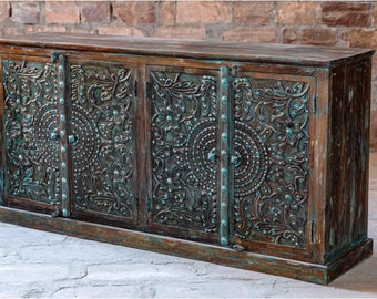 Vintage Ecletic Sideboard, Distressed Blue Floral brass Studs, Carved Rustic, Credenza Buffet Cabinet, TV Credenza, Bedroom Chest 72