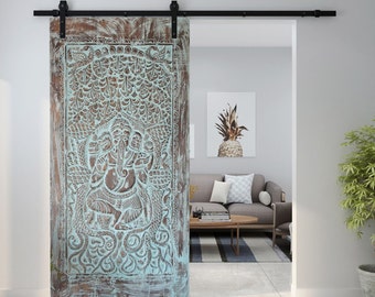 Standing Ganesha Under Kalpavriksha Tree, Handcarved Blue Ganesh Sliding Door, Vintage wood, Barn door, Yoga Studio, Organic Elements, 83