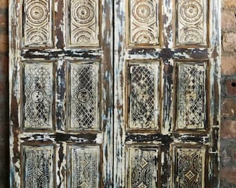 Rustic Carved Sliding Doors, Barn Doors, Distressed White Barn Doors, Hanging Door, Farmhouse Door, Eclectic Interior 80x32