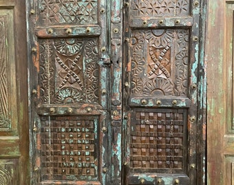 Rustic Barn Doors, Blue Brown Wood Tone Doors, Hidden Paths Maze Carved Doors, Antique Architecture Design Door, Indian Doors 80