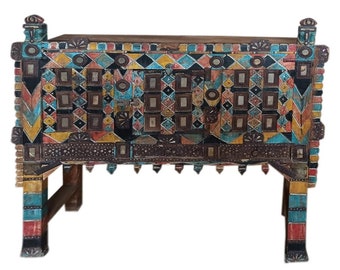 Vintage Indian Colorful "Damchiya" Dowry Hope Chest Console Tribal Storage Hand Carved Solid Reclaimed Wood