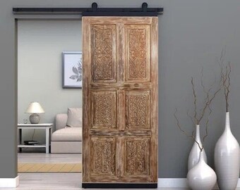 Carved Sliding Barn Door, Vintage Solid Wood Statement Doors, Entrance Doors, Custom, Maximalist, Eclectic, Natural Organic Design 80x36