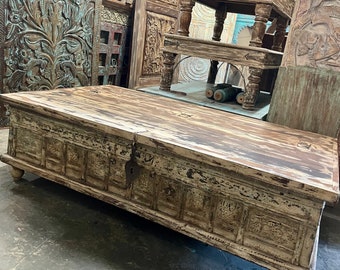 Antique Indian Distressed White Pitara Trunk Table, Hope Chest, Coffee Table, Storage, Eclectic Rustic Country Cabin Decor