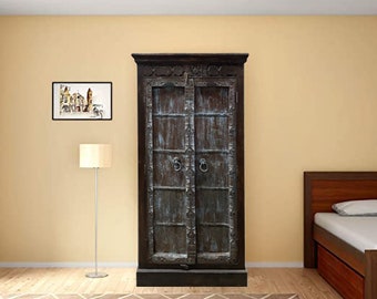 Antique Handcarved Armoire, One of a Kind, Rustic Armoire, Distressed Blue Cabinet, Farmhouse Storage, Home Decor, Eclectic Interior 68x36