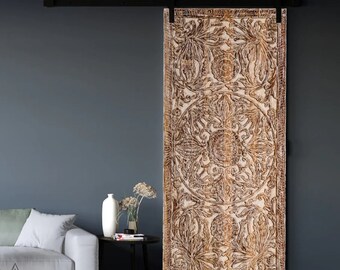 Natures Harmony Lotus Carved Barn Doors, Reclaimed wood door Headboard, Vintage White Sliding Barn Door, Unique Eclectic Holistic 80x40