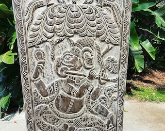 Vintage Fluting Ganesha Carved Wood Door, Whitewash, Custom Sliding Barn Door, Wall Sculpture Indian, Eclectic, Organic, Mindful Art 72x35
