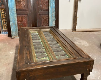 Antique Indian Door Coffee Table, Brown Brass Door Coffee Table, Rustic CHAI TABLE, Vintage Distressed Accent Table, Eclectic Decor