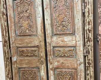 1800s Antique Temple Doors, Indian Carved Wooden Doors, Distressed Blue Ganesha Krishna Carved Teak Doors 85x52