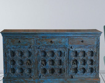 Rustic Blue Solid Wood Sideboard | Antique Teak Wood Door Credenza | Unique Repurposed Old Door Buffet | Ranch Style Spanish Country