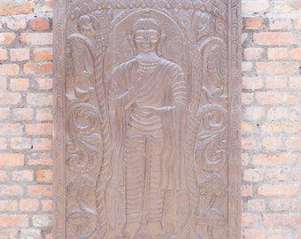 Vintage Standing Buddha Abhaya Mudra Wall Art Hand Carved Wall Panel Buddha Relief Panel, Barn Door Sculpture Yoga Room Decor 84X36