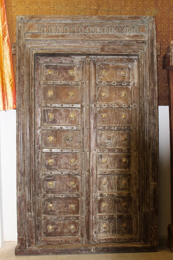 Antique Teak Doors Reclaimed Distressed Wood Rustic Teak Brass Iron Medallion India Haveli Hand Carved Reclaimed Wood Doorway Boheme Design